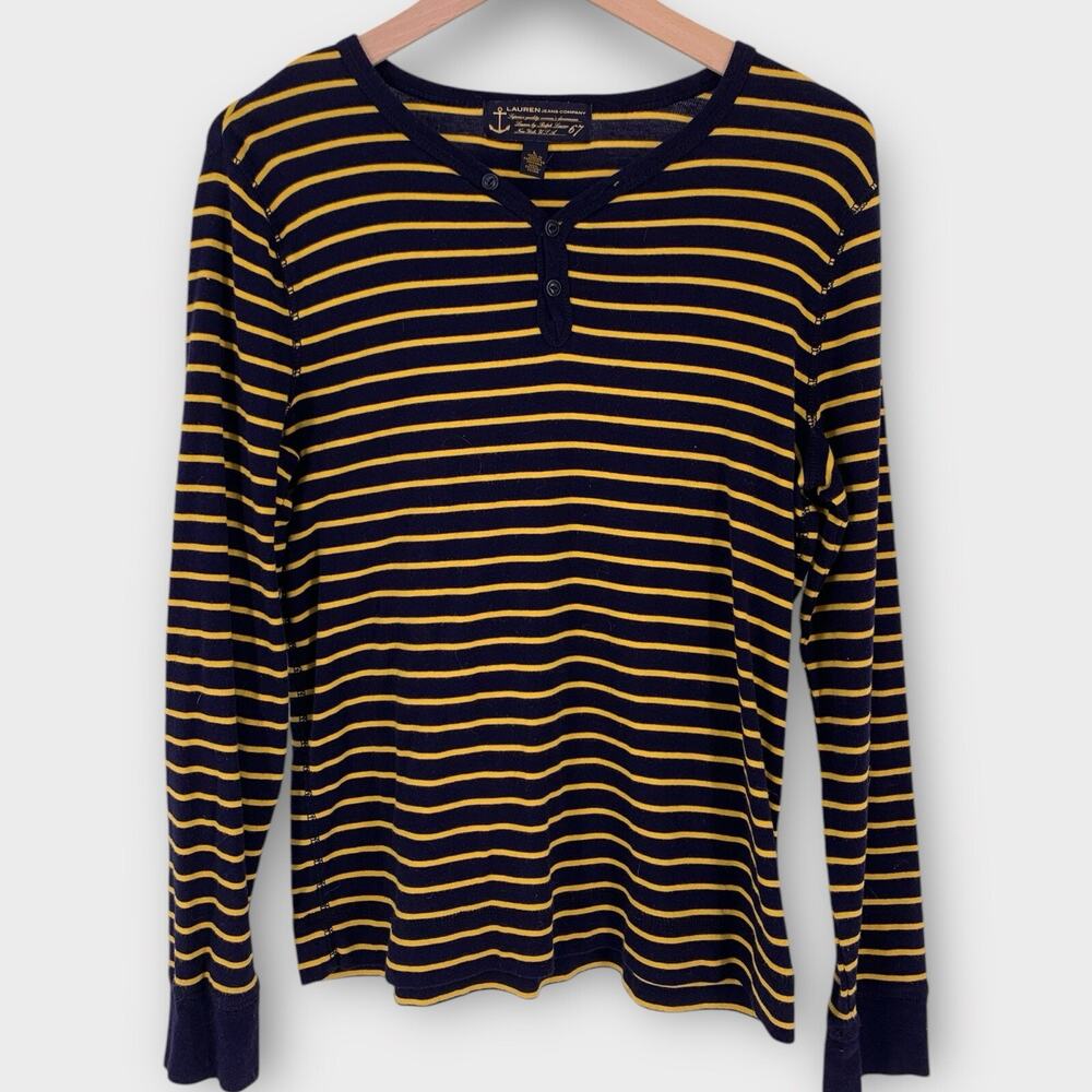 Lauren Jeans Company Navy & Yellow Stripe Henley Top Long Sleeve Nautical Y2K L